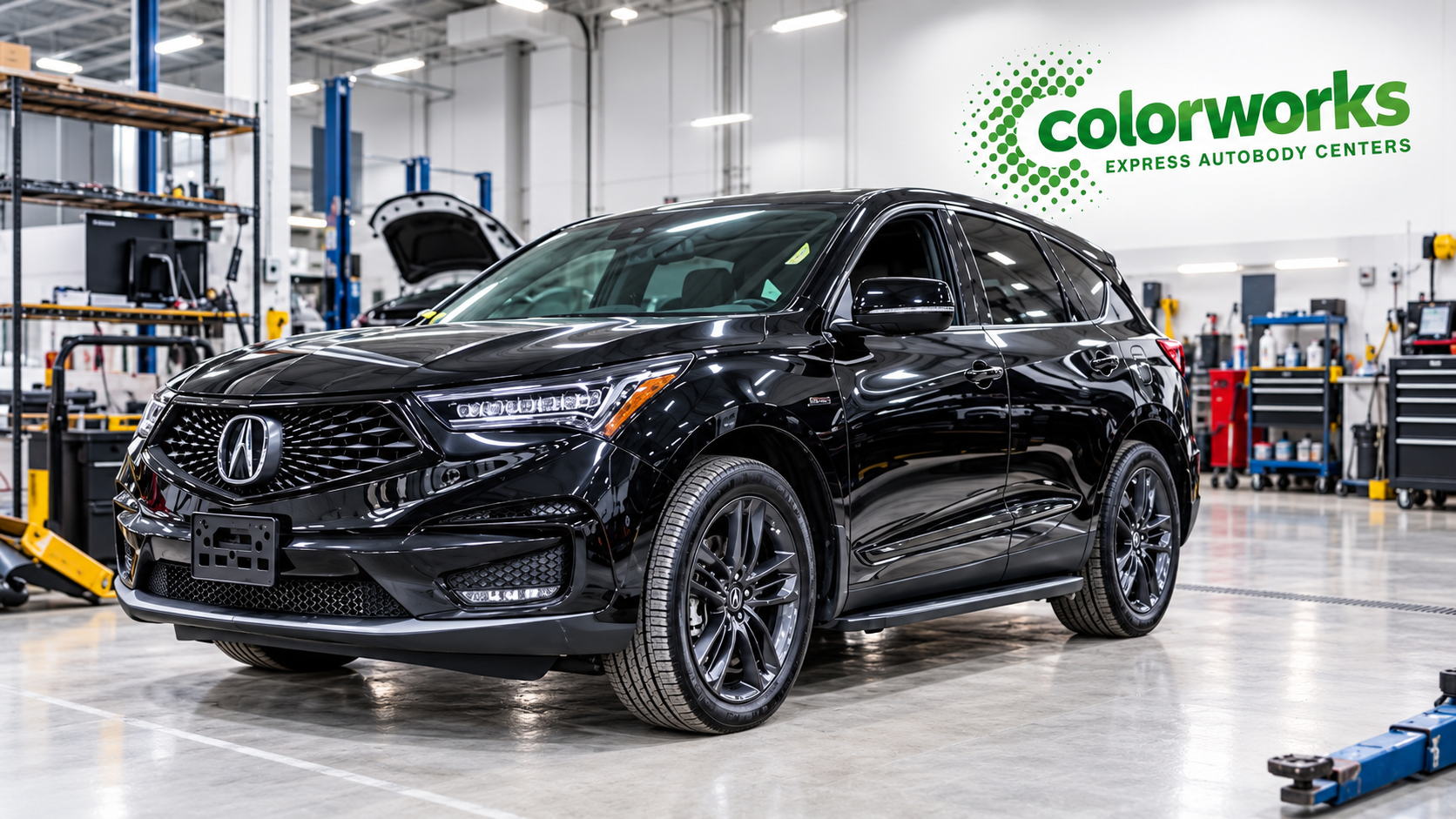 Black Acura SUV in an auto body repair shop with Colorworks Express branding