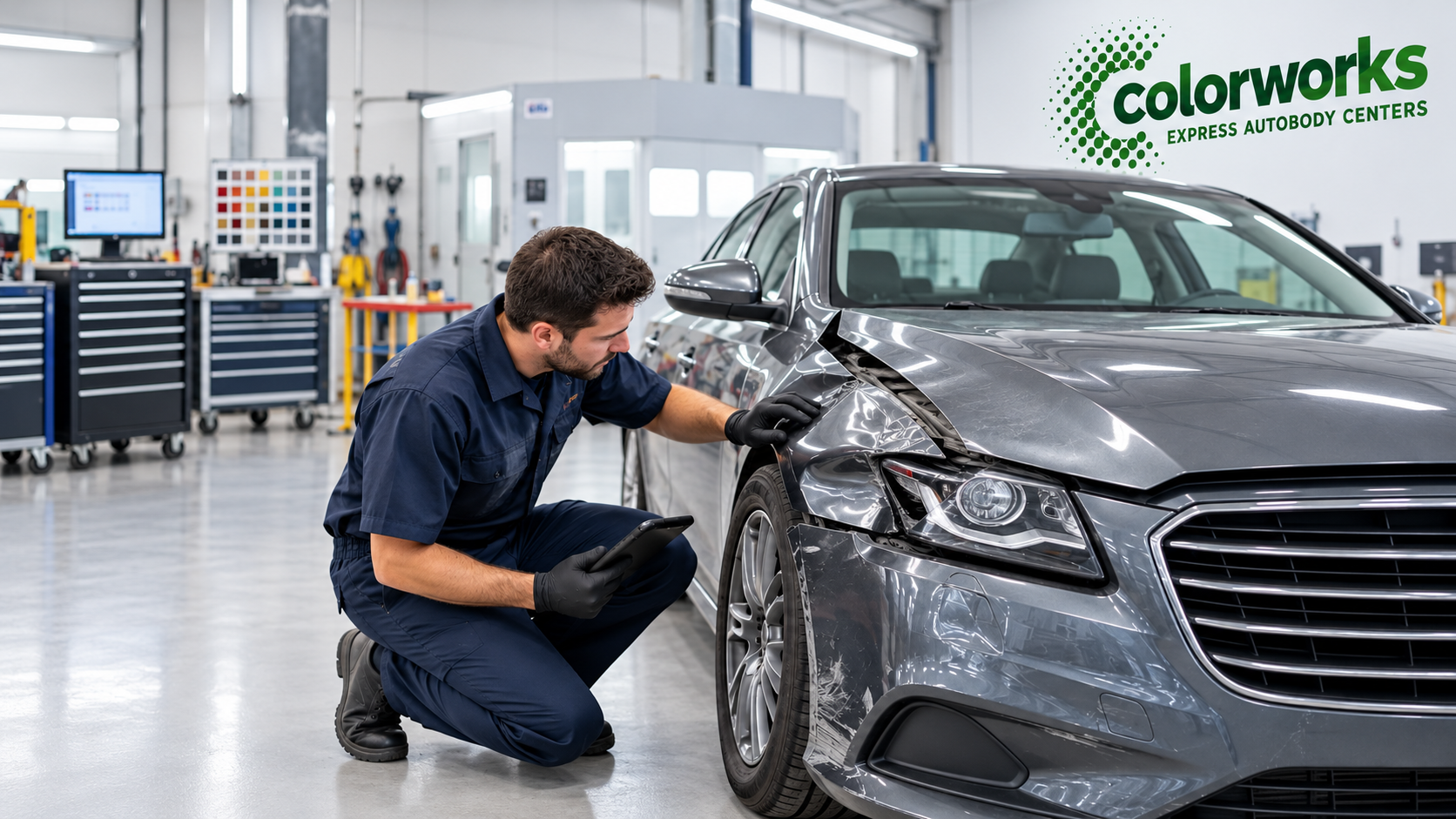 Technician assessing front collision damage on a gray car, with Colorworks Express branding