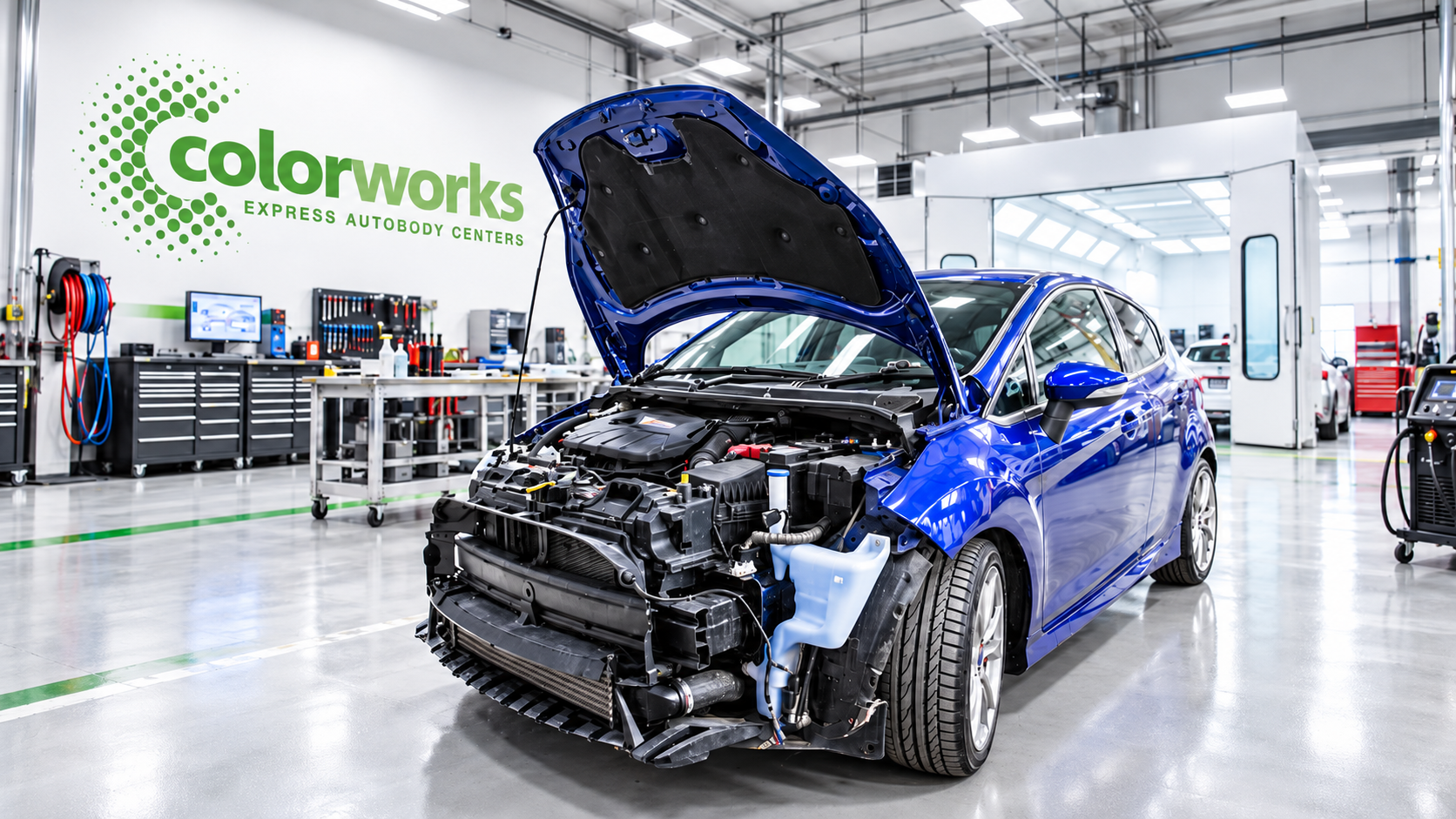 Damaged blue Ford in a workshop with the Colorworks Express Autobody Centers logo