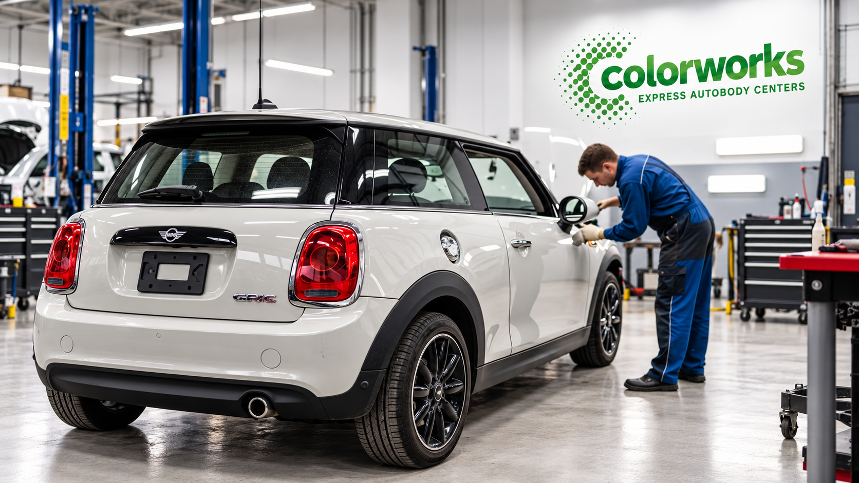 White MINI hatchback with a technician in an auto body repair shop, with Colorworks Express branding
