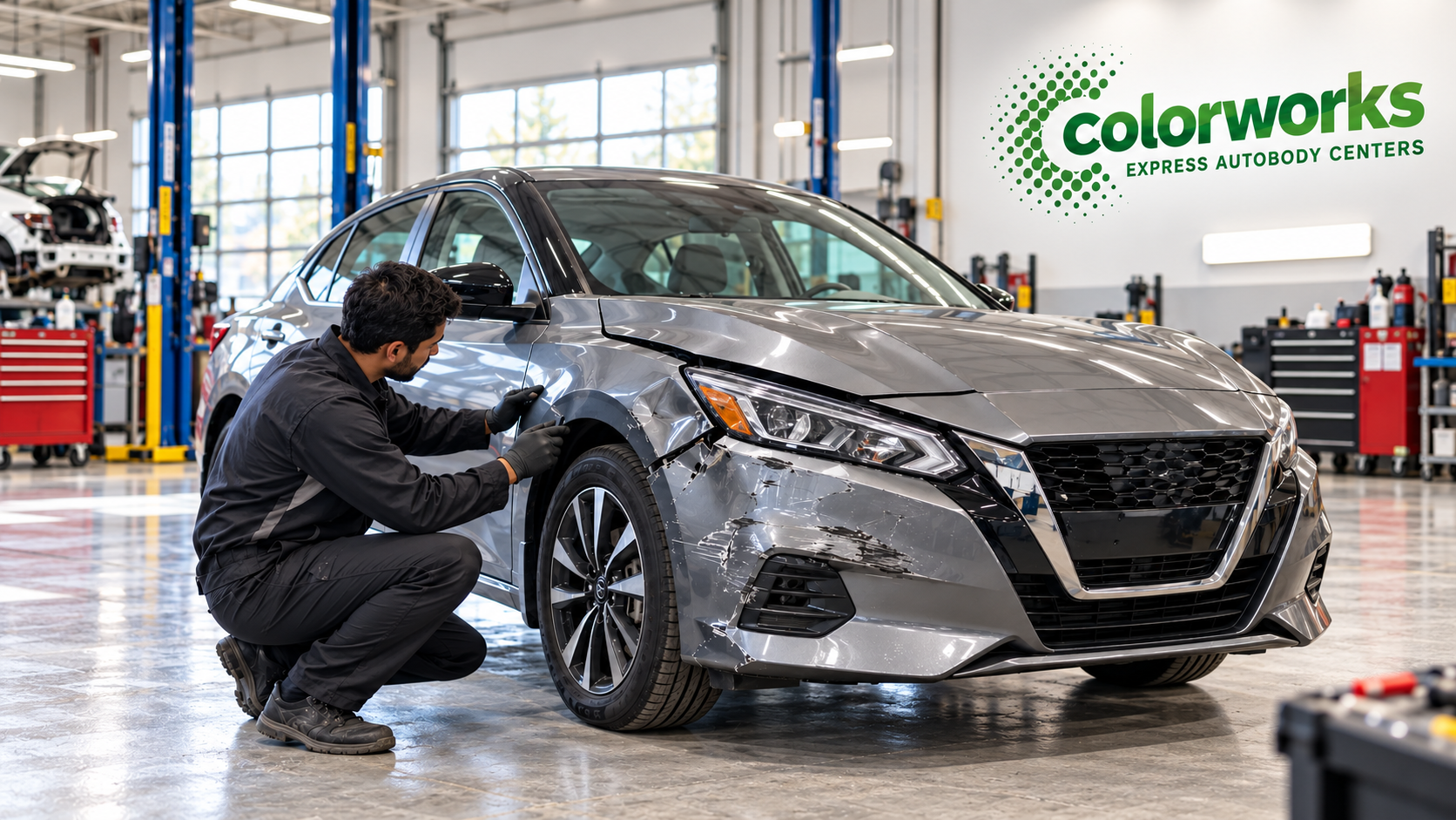 Gray Nissan sedan with front collision damage and a technician, with Colorworks Express branding