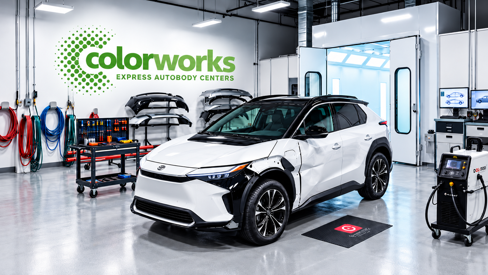 Damaged white Toyota SUV in a workshop with the Colorworks Express Autobody Centers logo
